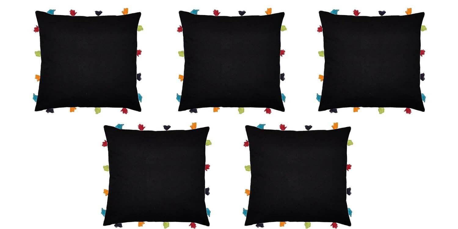 Lushomes cushion cover 14x14, boho cushion covers, sofa pillow cover, cushion covers with tassels, cushion cover with pom pom (14x14 Inches, Set of 5, Black ) - HalfPe