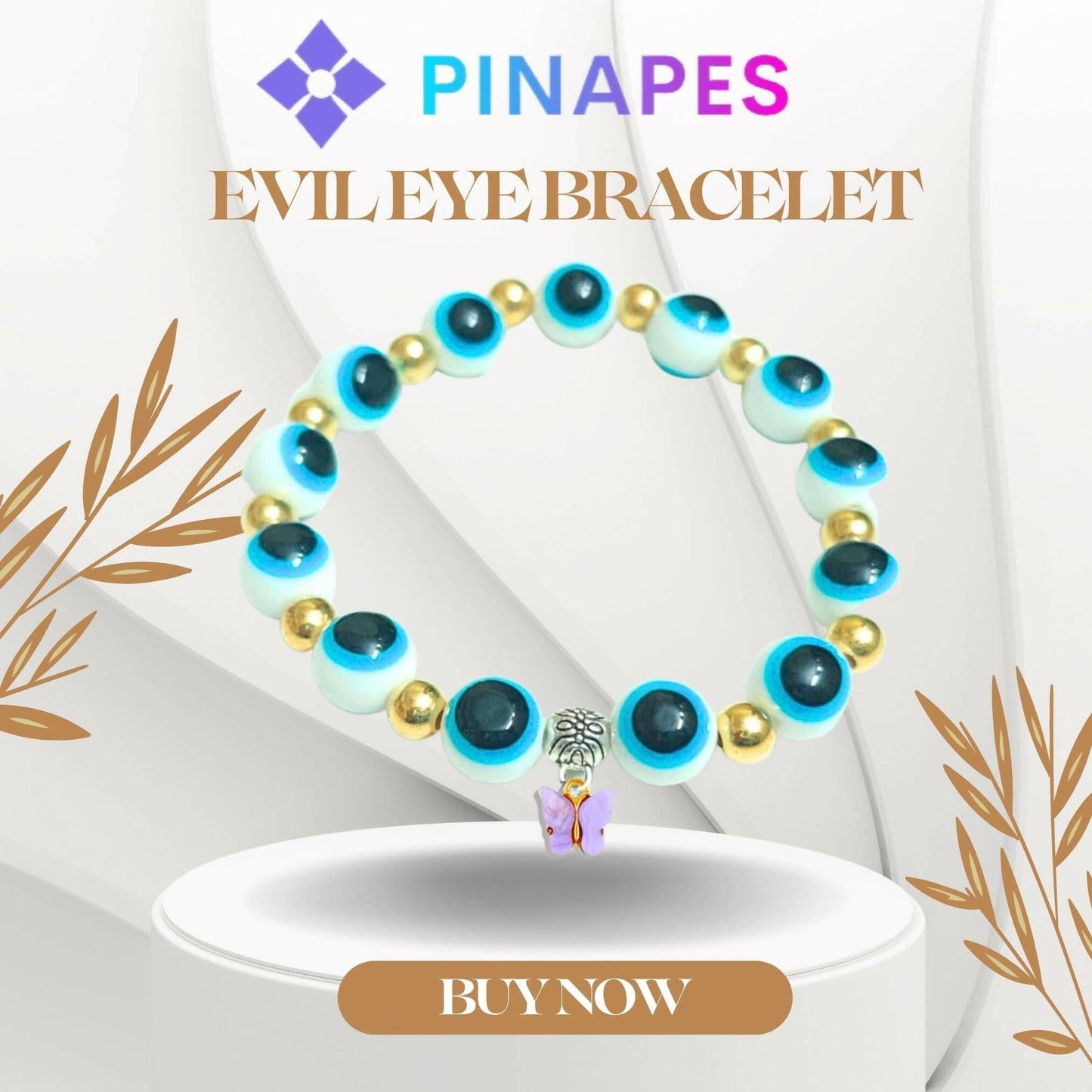 Pinapes Butterfly Beads and Evil Eye Charm Bracelet A Must-Have for Fashionable and Superstitious Women with violet butterfly (white) - HalfPe