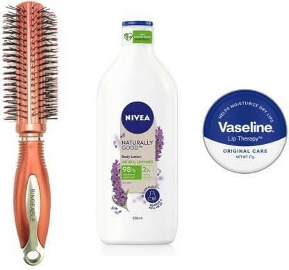 Bingeable Saloon Hair Brush Red, Natural Lavender Body Lotion 350Ml,Va_seline Original Care Lip Balm (3 Items in the set) - HalfPe