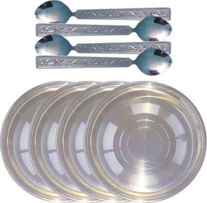 SHINI LIFESTYLE Steel Laser Halva Plates,Breakfast Plates,Quarter Plate 6pc with spoon set Dinner Plate (Pack of 12) - HalfPe