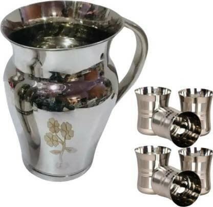 SHINI LIFESTYLE j8+g3 6pc Jug Glass Tray Set (Stainless Steel) - HalfPe