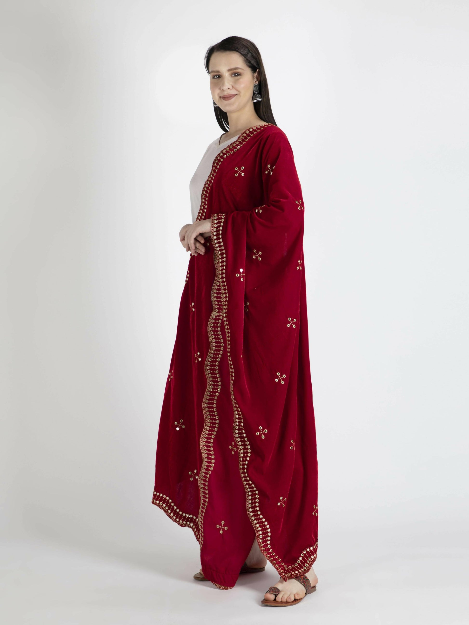 Embroidered Velvet Red Shawl Dupatta For Women - HalfPe