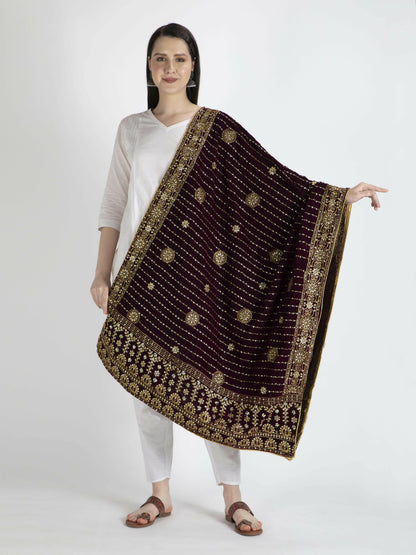 Embroidered Velvet Shawl Dupatta (Purple) - HalfPe