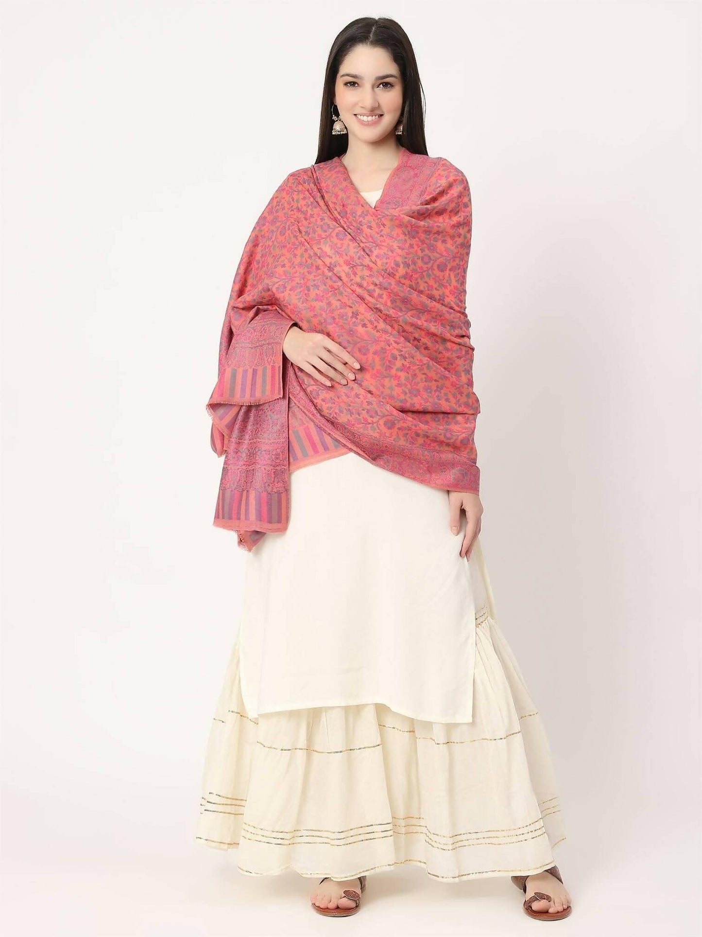 Peach Fine Wool Kani Multiweave Shawl for women - HalfPe