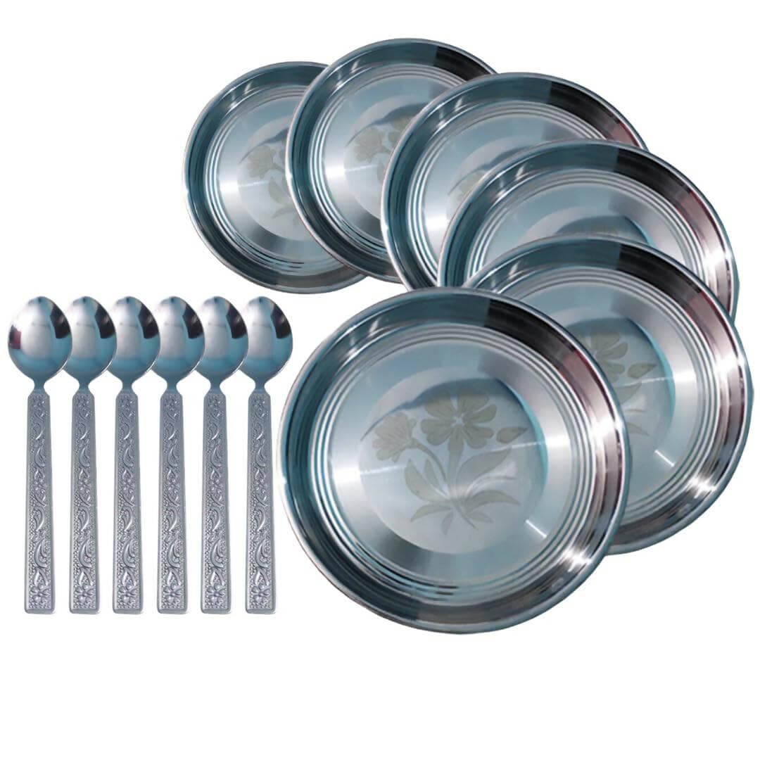 SHINI LIFESTYLE Stainless Steel Floral Dinner Plate with Table Spoon Set (Pack of 6) - HalfPe