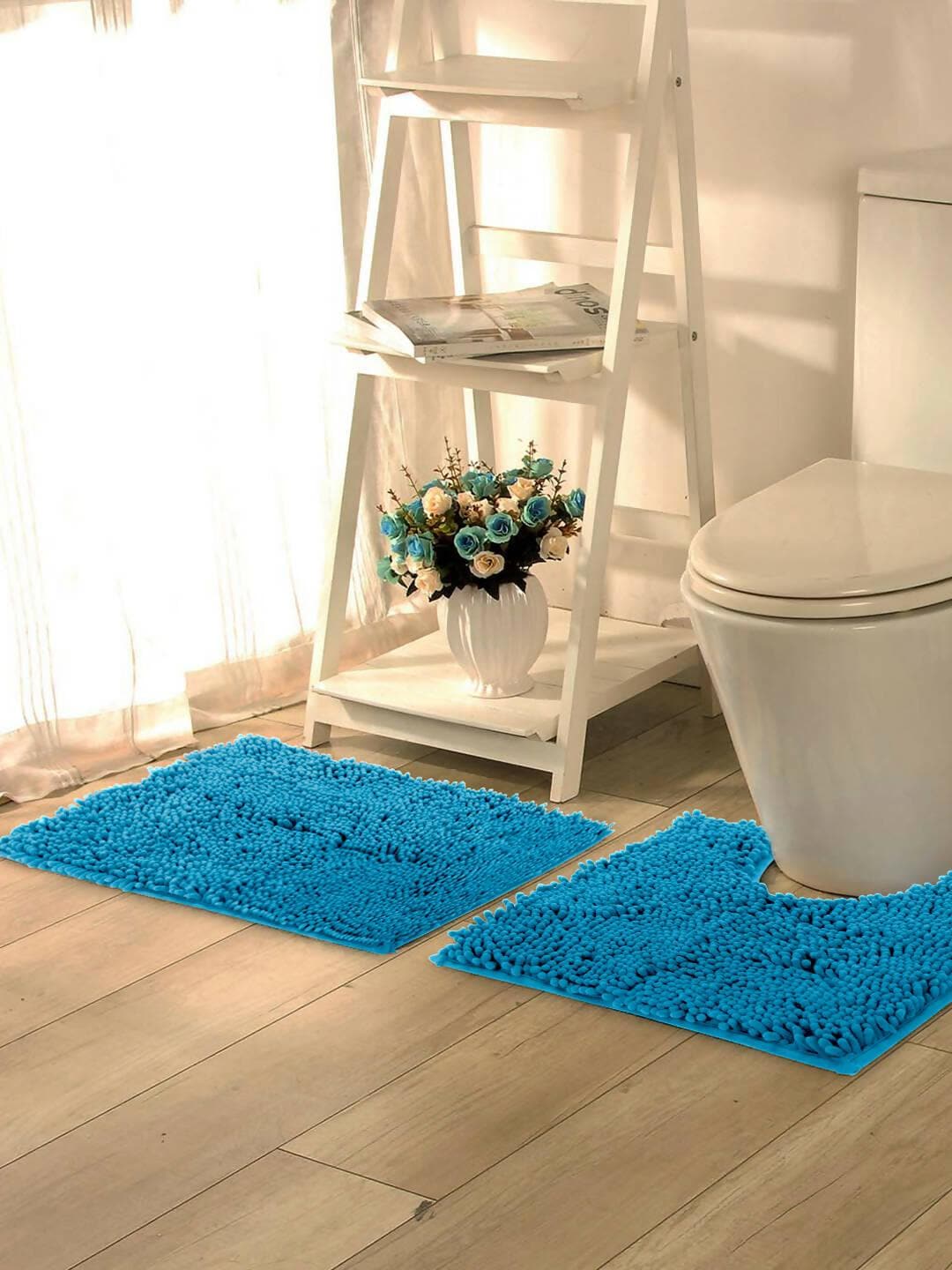 Lushomes Bathroom Mat, 2200 GSM Floor Mat with High Pile Microfiber, anti skid mat with Contour footmat Anti Slip (Bathmat Size 20 x 30 Inch, Contour Size 18 x 20 Inch, Single Pc, Blue) - HalfPe