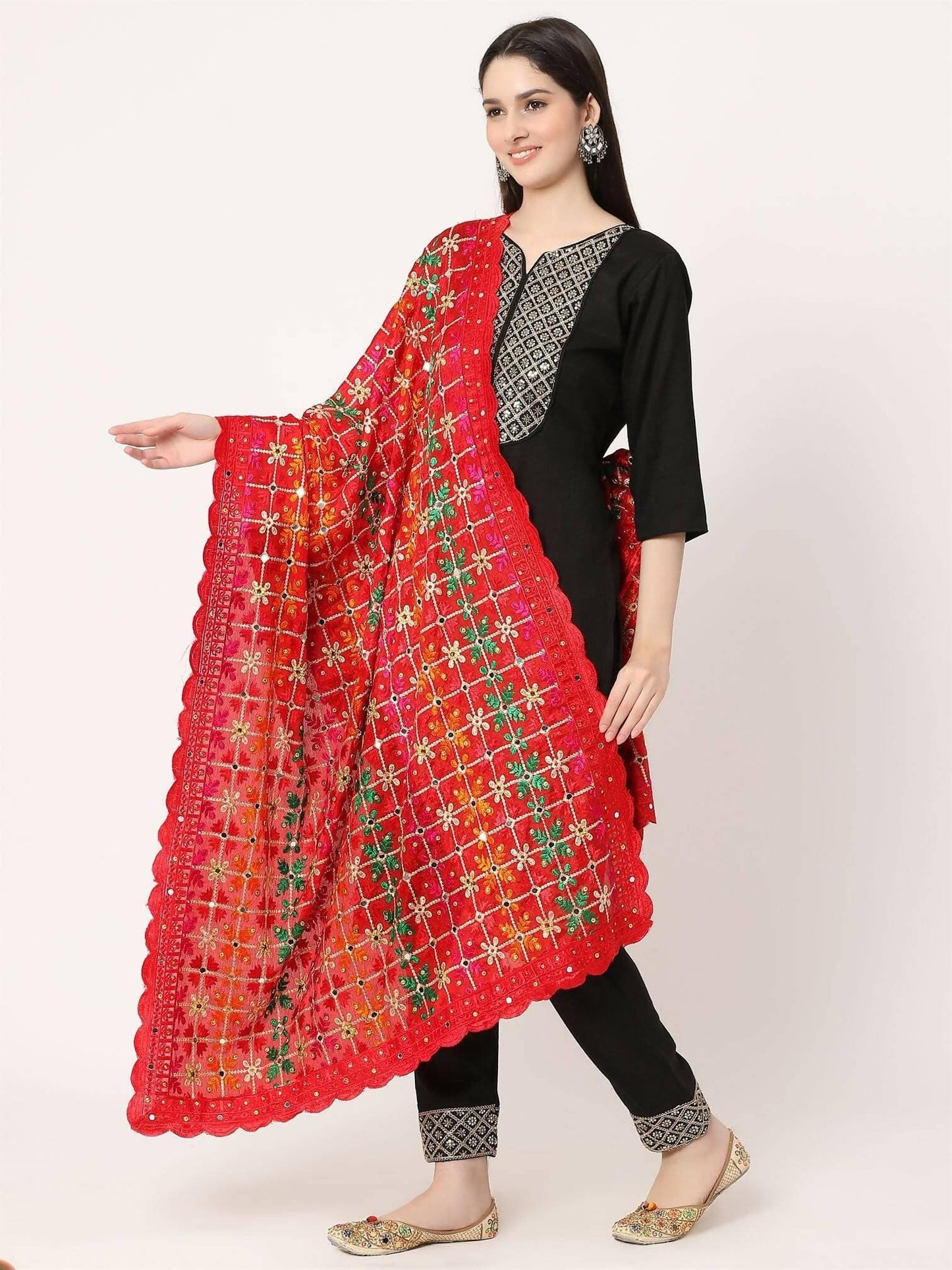 Red Multicolour Floral Design Embroidery Phulkari Dupatta with Mirror - HalfPe