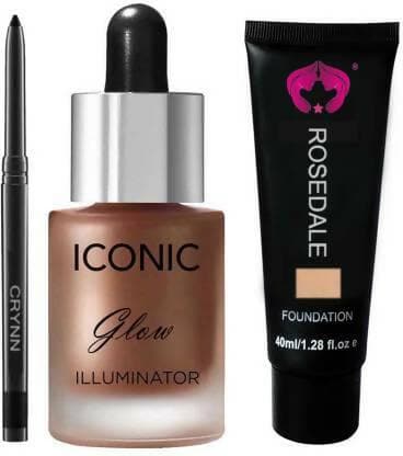 Crynn Smudge Proof Waterproof Rosedale Kajal & Studio Professional Iconic Glow Illuminator Highlighter & Studio Fit Focus Face & body Foundation (3 Items in the set) - HalfPe