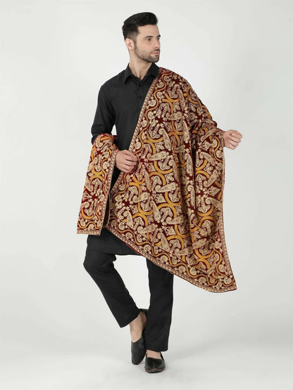 Maroon and Mustard Paisley Patterned Embroidered Velvet Shawl - HalfPe