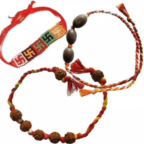 SENECIO Swastik Kamalgatta & Rudraksh Rakhi Woven Beads Thread WristBand Bracelet(3Pc) - HalfPe