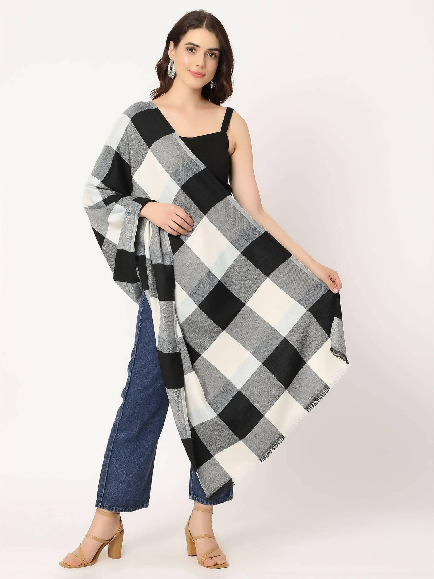 Black White and Sky Blue Pashmina Stole for women - HalfPe