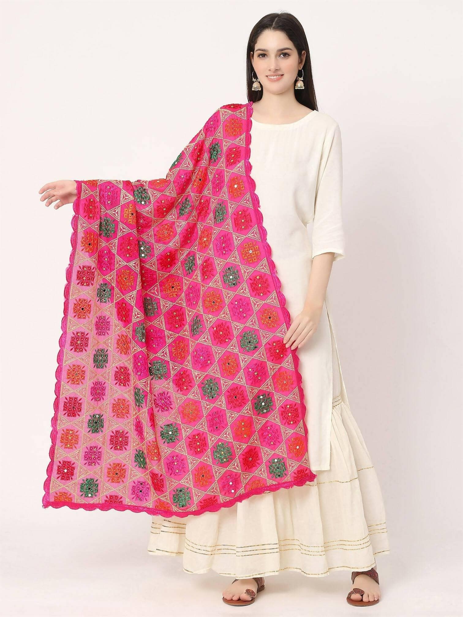 Magenta Multicolour Phulkari Dupatta With Mirror - HalfPe