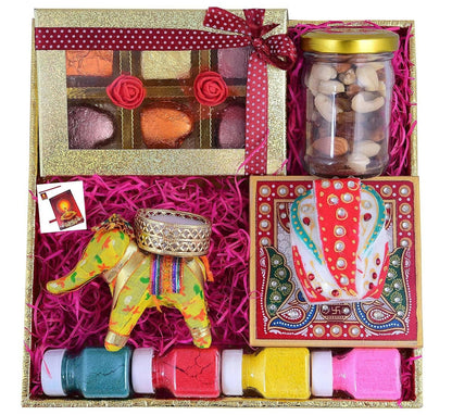 MANTOUSS Diwali Chocolate Hamper/Chocolate Gift Pack-Decorated Tray+Chocolate Box+Mix Dry Fruits+Elephant Style Candle Holder with tealight+Chowki Ganesha+4 Rangoli Colours+Deepawali Greeting Card - HalfPe