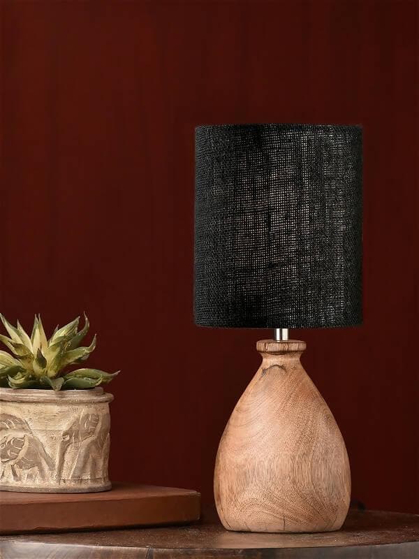 Wooden Dome Table Lamp With Jute Black Shade - HalfPe