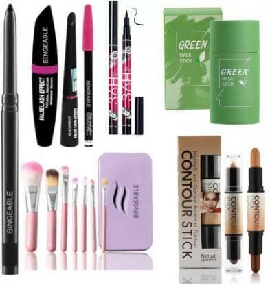 Bingeable Kajal& 3 In1 Waterproof Eyeliner, mascara, Kajal& 36H Eyeliner& 7 Pcs Brush(HK)& 2in1 Contour Stick& Green Tea Face Mask (6 Items in the set) - HalfPe