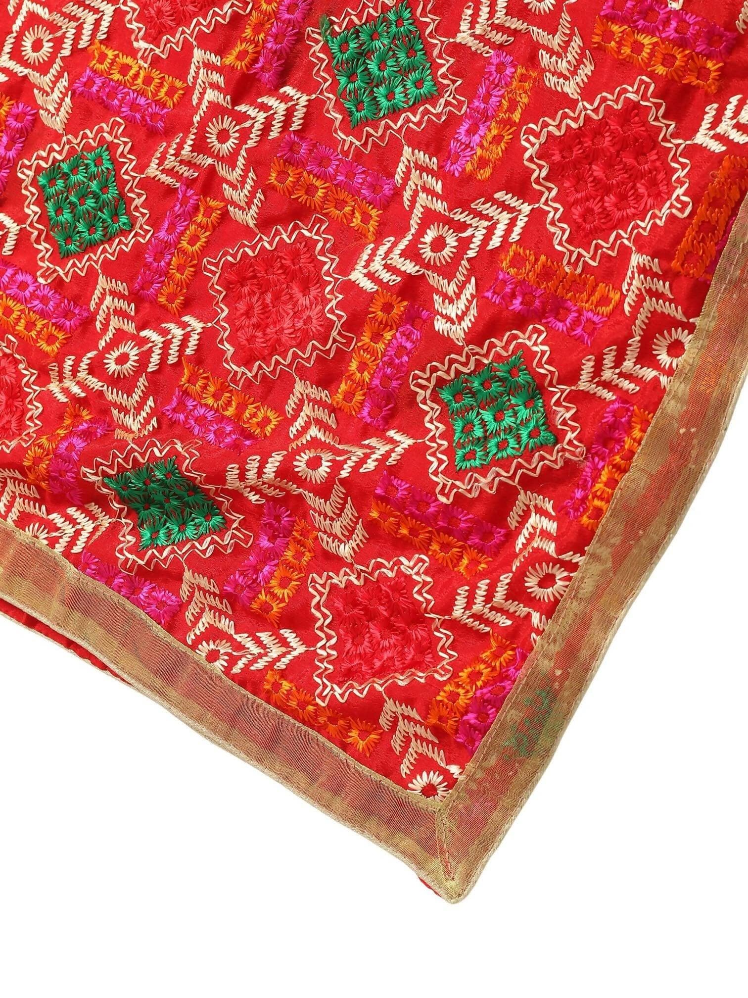 Red Multicolour Embroidery Phulkari Dupatta - HalfPe