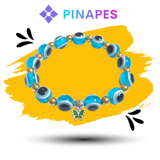 Pinapes artisanal beaded bracelet with tiny butterfly charms, “Nature’s Beauty” (blue) - HalfPe