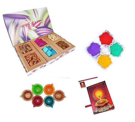 MANTOUSS Premium Dry Fruit and Delicious Chocolate Combo-Cashew,Almond,Walnut and Raisin (50gms Each)+10 Pieces of Chocolate,300 GMS + 2 Cute diyas, Rangoli Colours and Diwali Greeting - HalfPe