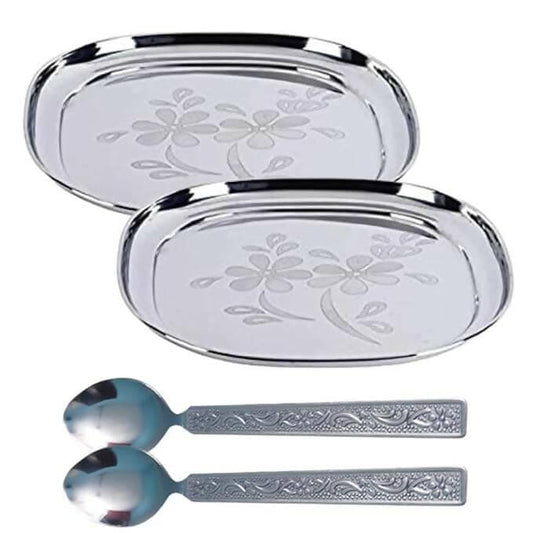 SHINI LIFESTYLE Plates for Dining, Laser Design,13 inch Dinner Plate 2pc with Spoon Set (4) - HalfPe