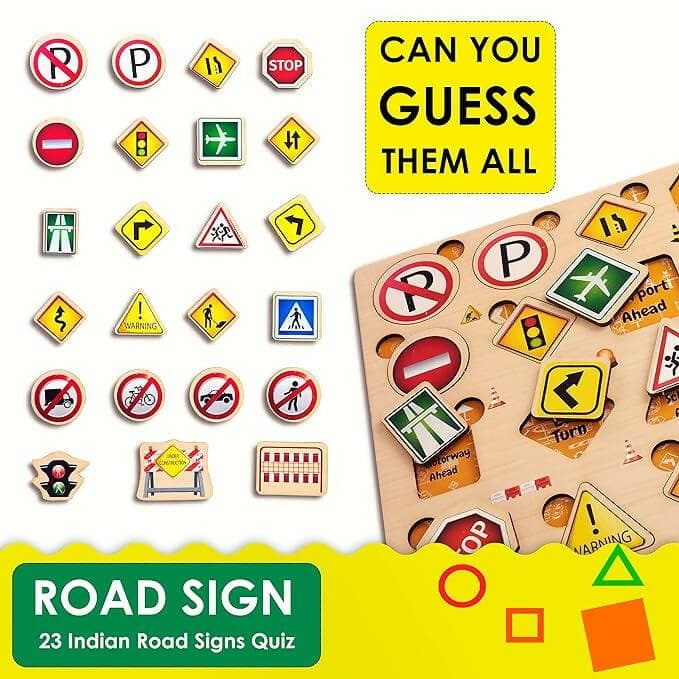 ZUDO Wooden Montessori Educational Pre-School Puzzle Board Toy for Boys and Girls (Traffic Symbol) - HalfPe