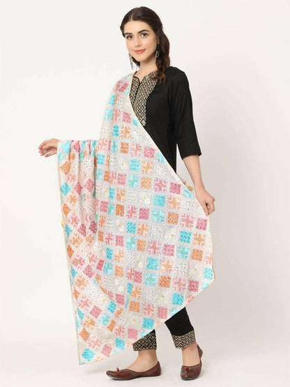 White Mullticolour Embroidery Phulkari Dupatta with Beads - HalfPe