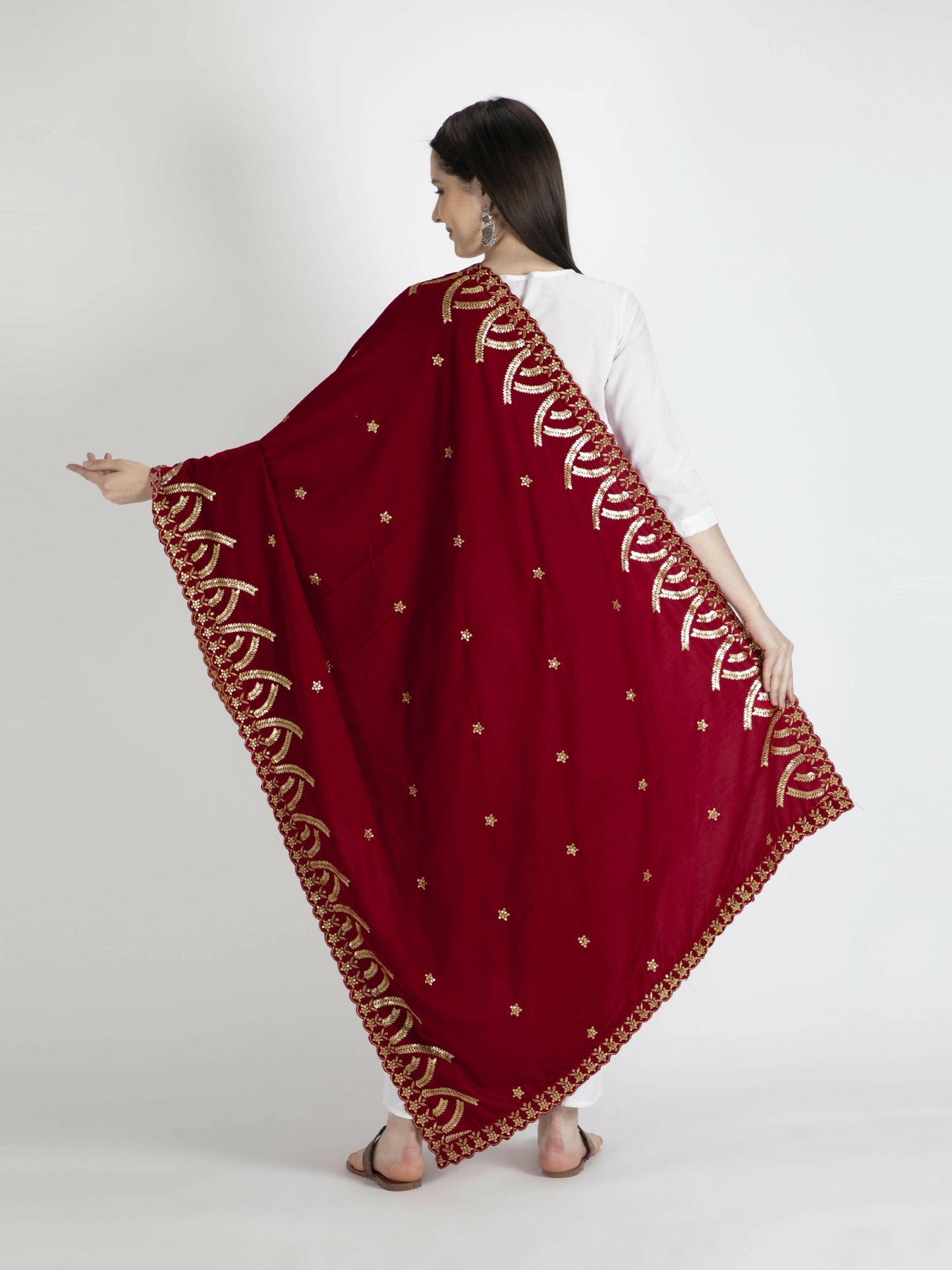 Embroidered Velvet Shawl Dupatta(Red) - HalfPe