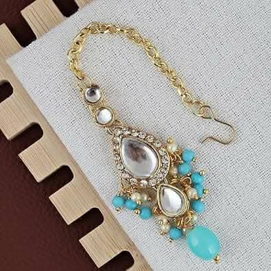 LUCKY JEWELLERY Gold Plated White Firozi Color Tika Earring Necklace Combo Kundan Jewellery Set - HalfPe