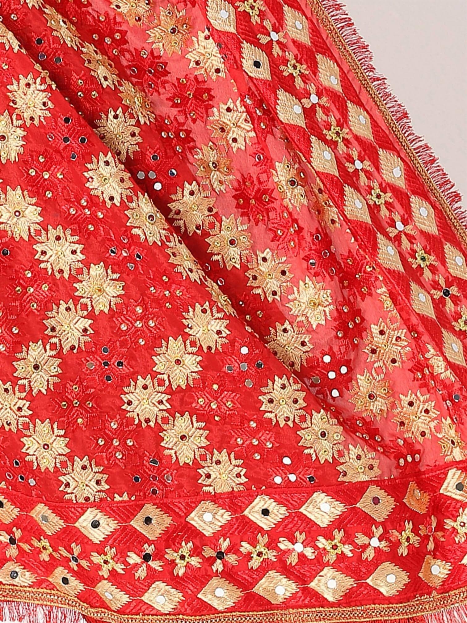 Red and Golden Embroidery Phulkari Dupatta - HalfPe