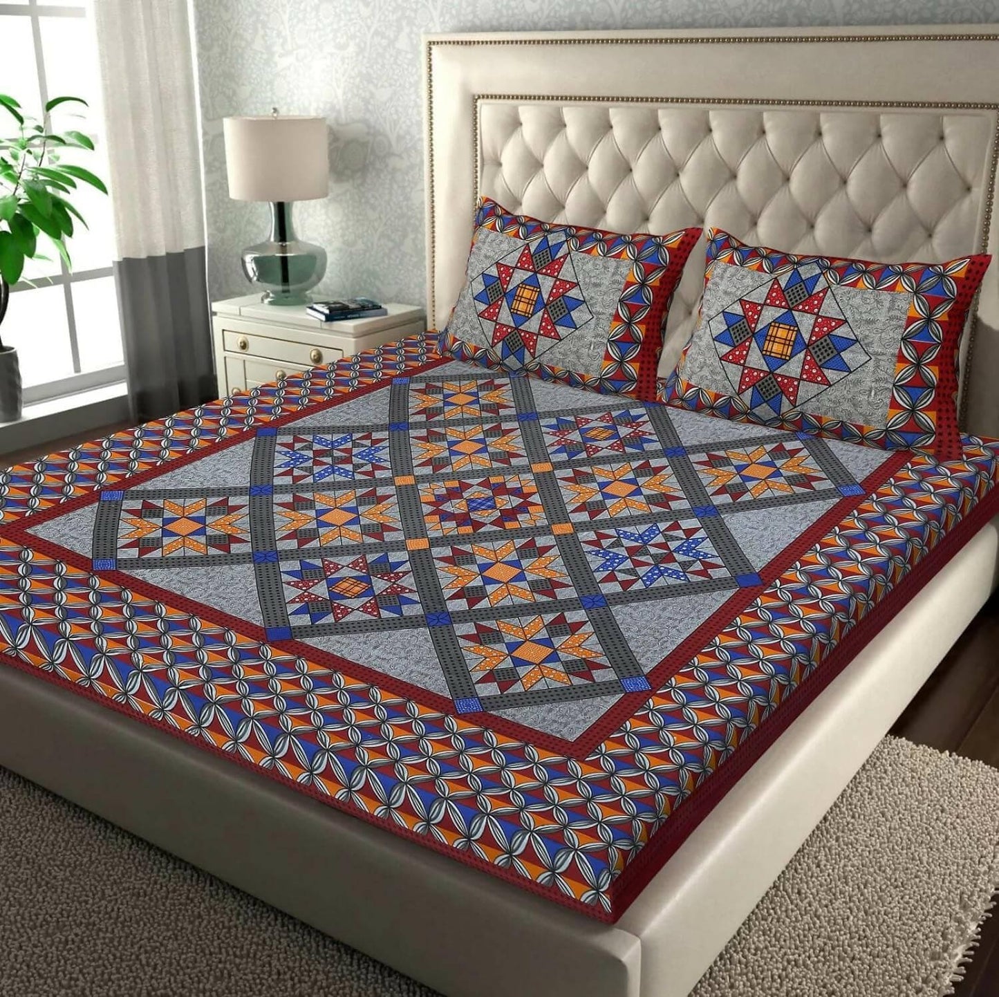 Jaipuri Grey Geomectric Print Double Bedsheet with 2 Pillow Cover - HalfPe