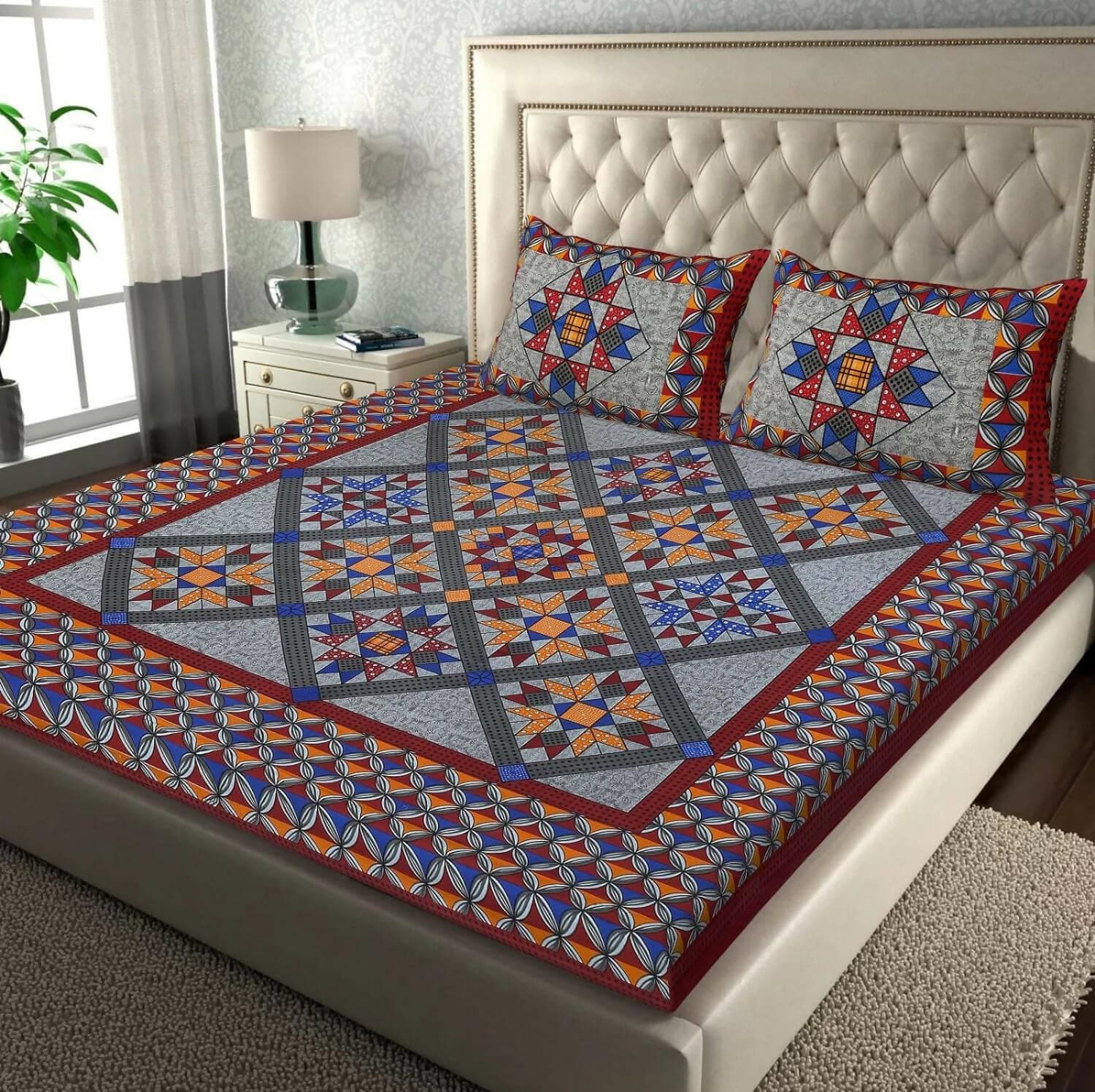 Jaipuri Grey Geomectric Print Double Bedsheet with 2 Pillow Cover - HalfPe