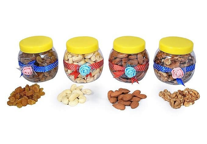 MANTOUSS Premium Diwali Dry Fruit Decorative Jar-Cashew,Almond,Walnut and Raisin (100gms Each),400 GMS + 2 Cute diyas, Rangoli Colours and Diwali Greeting - HalfPe