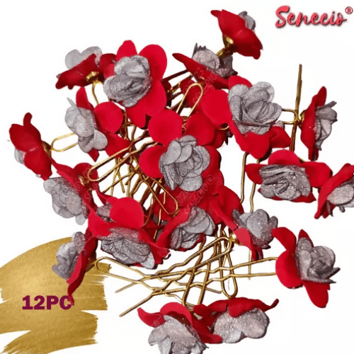 SENECIO 12Pc Red & Silver Glitter Fabric Rose Bridal Look U Shape Golden Hair Pin Wedding Collection Combo Set - HalfPe