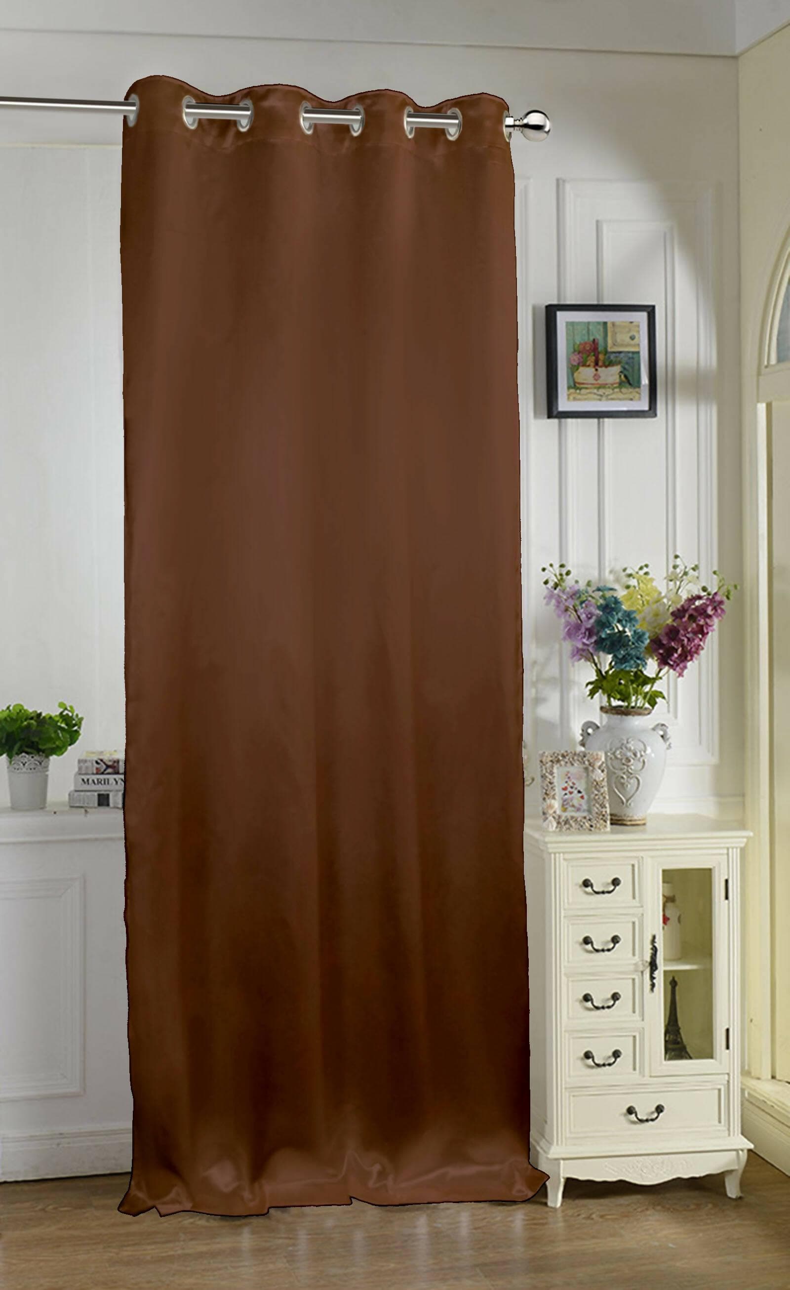 Lushomes Satin Curtains, Brown Satin door curtain, Plain Door Curtain, 7.5 feet curtains with 8 Metal SS Eyelets, 4.5 FT x 7.5 FT (54 x 90 inches) - HalfPe