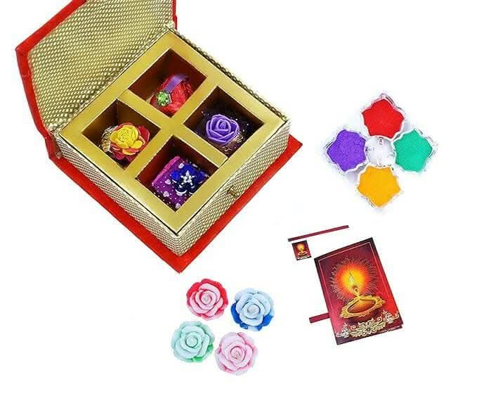 MANTOUSS Happy Diwali Premium Chocolate Box + 2 Floating Diya, Diwali Greeting Card and Rangoli Colours - HalfPe