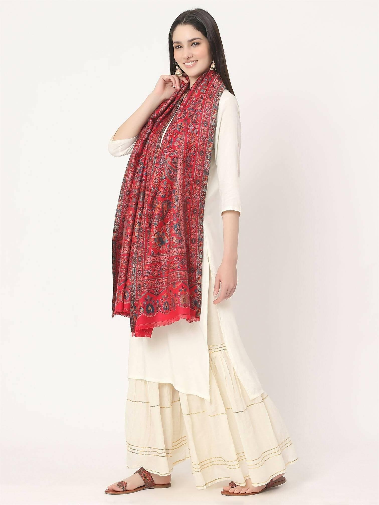 Cherry Red Wool Soft Multiweave Kani Stole for women - HalfPe