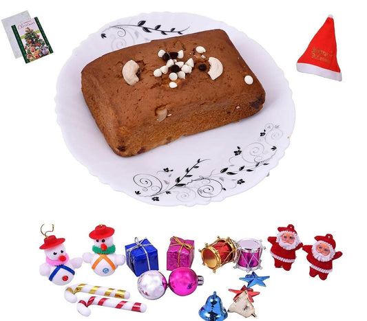 MANTOUSS Christmas Gift of Cake-Christmas Plum Cake(150gms) + Christmas Card + Santa Cap + Christmas Tree Decoration Set - HalfPe