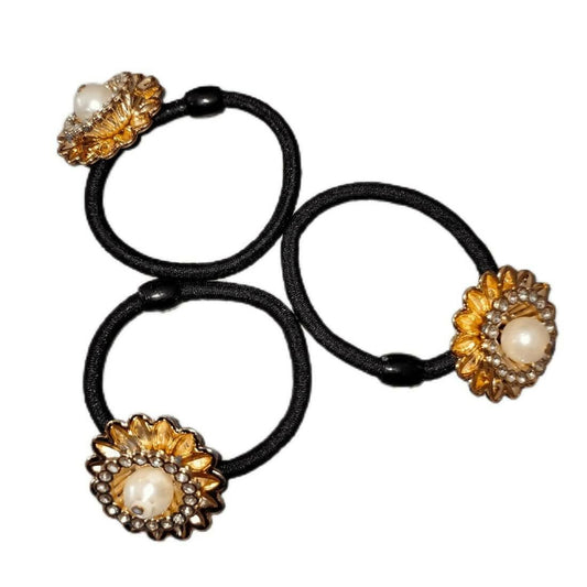 SENECIO Black Lotus Lily Bloom Flower Beaded Crystal Rhinestone Studded Rubber Band Hair Tie Scrunchies (Pack of 3, 2 sets) - HalfPe