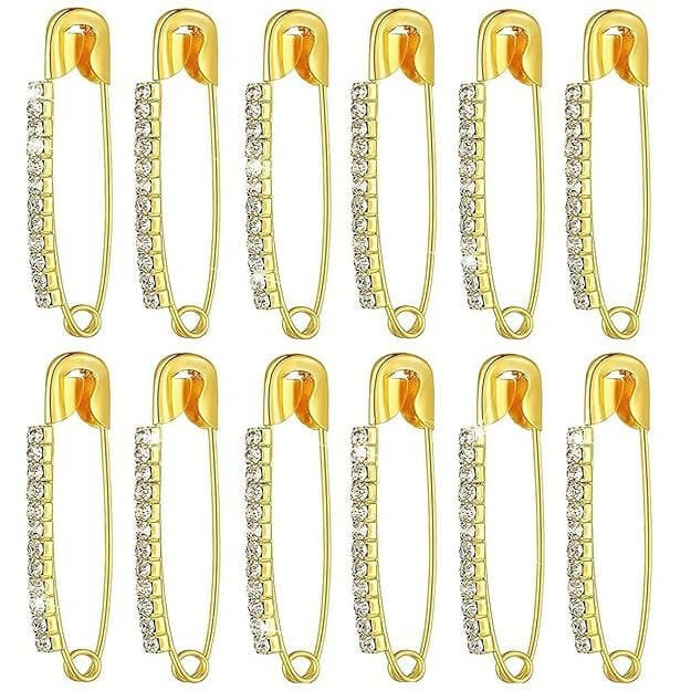 SENECIO Silver Diamond Crystal Stone Studded Premiun Look Saree Dupatta Hijab Clip On Safety Pins Textured Brooch Gift Set For Women/Girls (12 pcs) - HalfPe