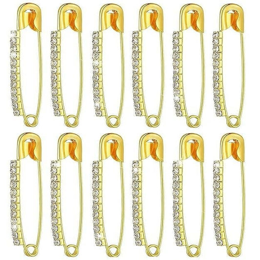 SENECIO Silver Diamond Crystal Stone Studded Premiun Look Saree Dupatta Hijab Clip On Safety Pins Textured Brooch Gift Set For Women/Girls (12 pcs) - HalfPe