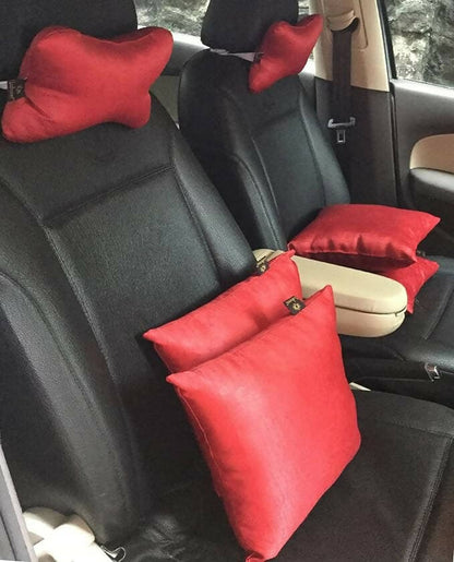 Lushomes car pillows and cushions, Textured Red car pillow, cushion for car, pillows for car, car pillow set of 6, car cushion set(4 pc Cushions-12 x 12 inches & 2 pcs Neck Rest Pillow 6x10 inches) - HalfPe