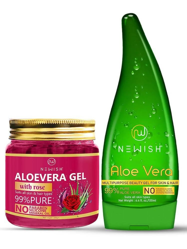 NEWISH Organic Aloevera Gel And Rose Aloe Vera Gel Combo For Hair And Face Massage Gel (Pack of 2 -330 GM) - HalfPe