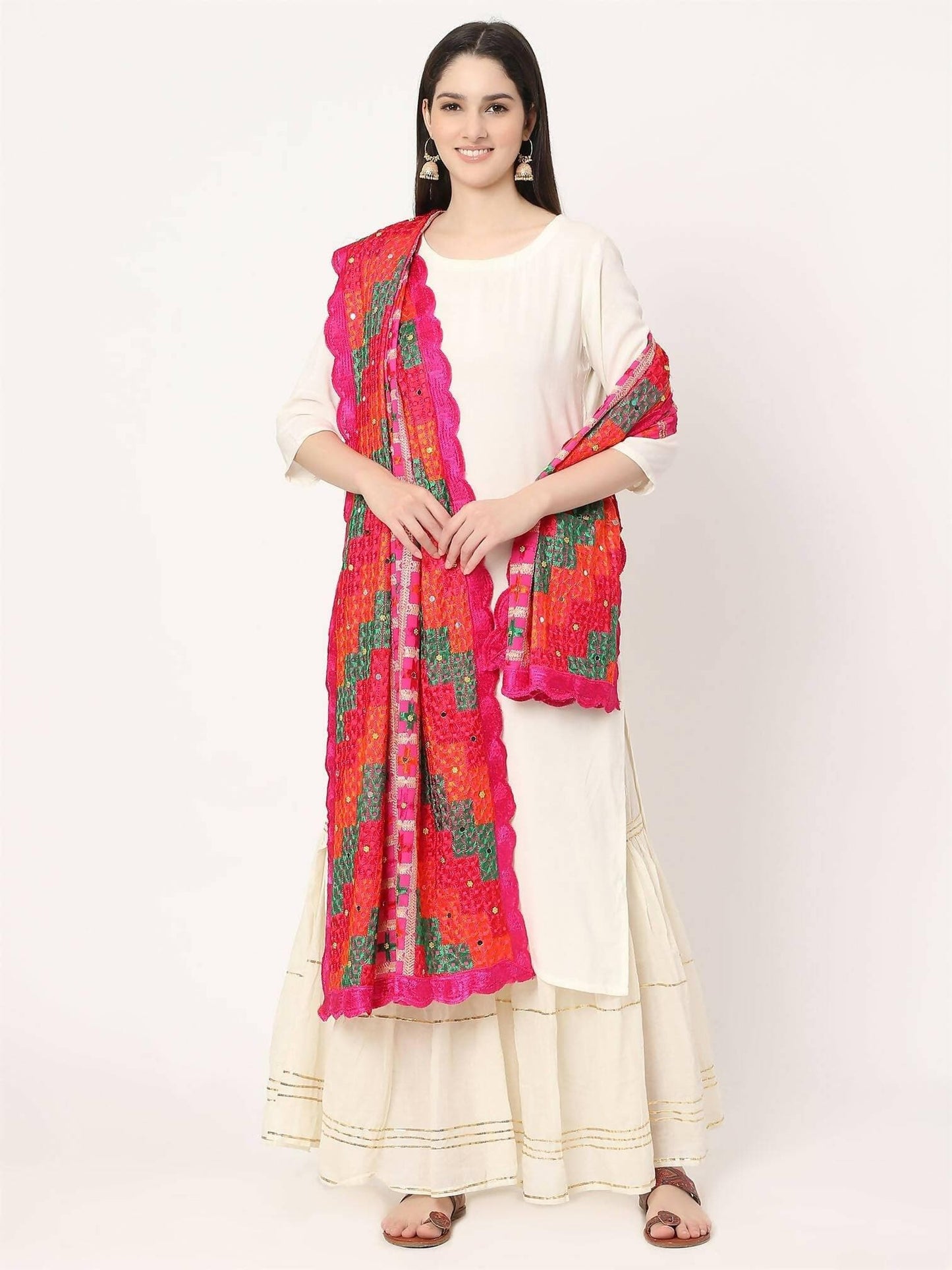 Magenta Embroidery Multicolour Phulkari Dupatta With Beads - HalfPe