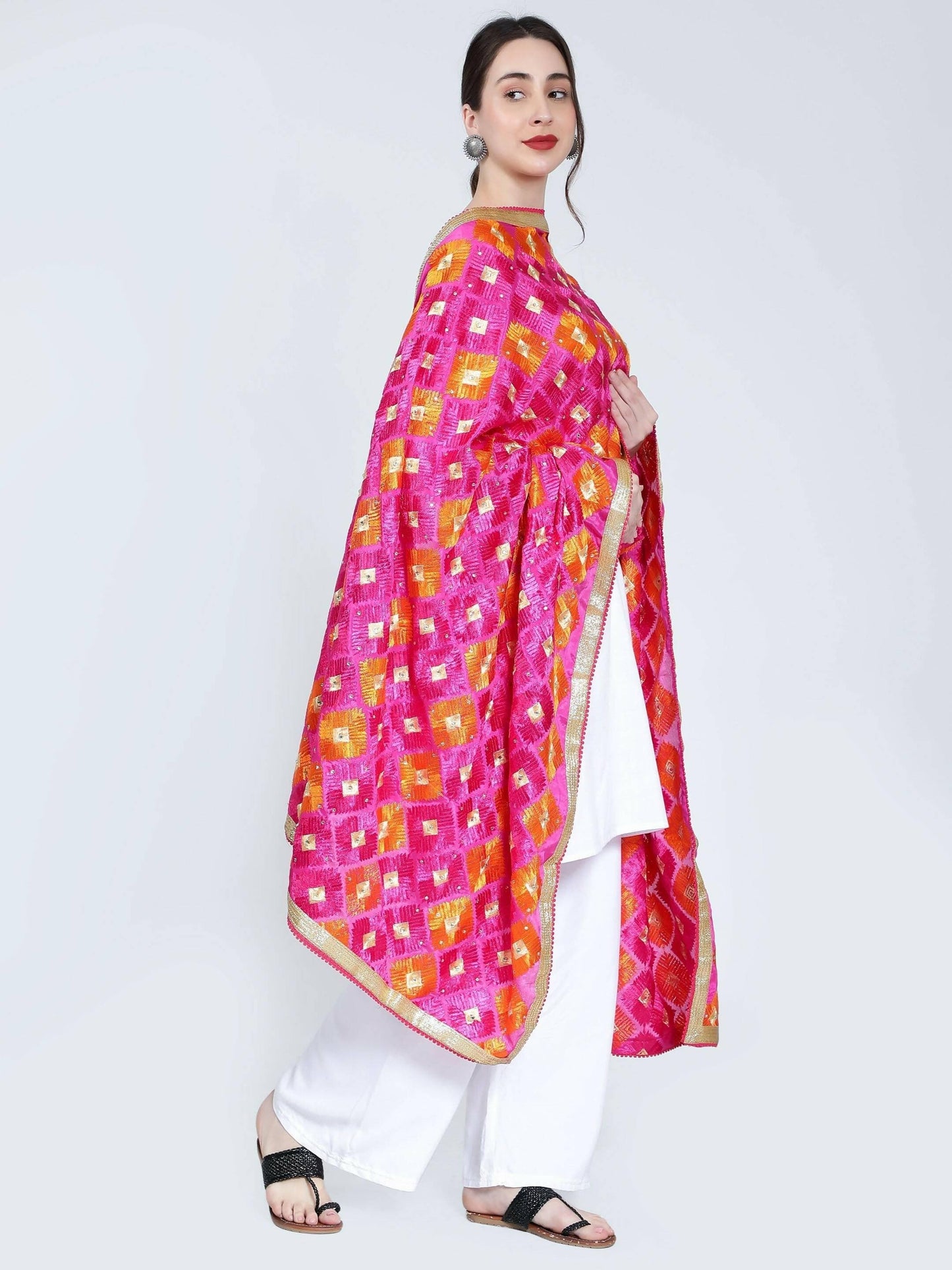 Multicolour Phulkari Dupatta (Magenta and Orange) - HalfPe