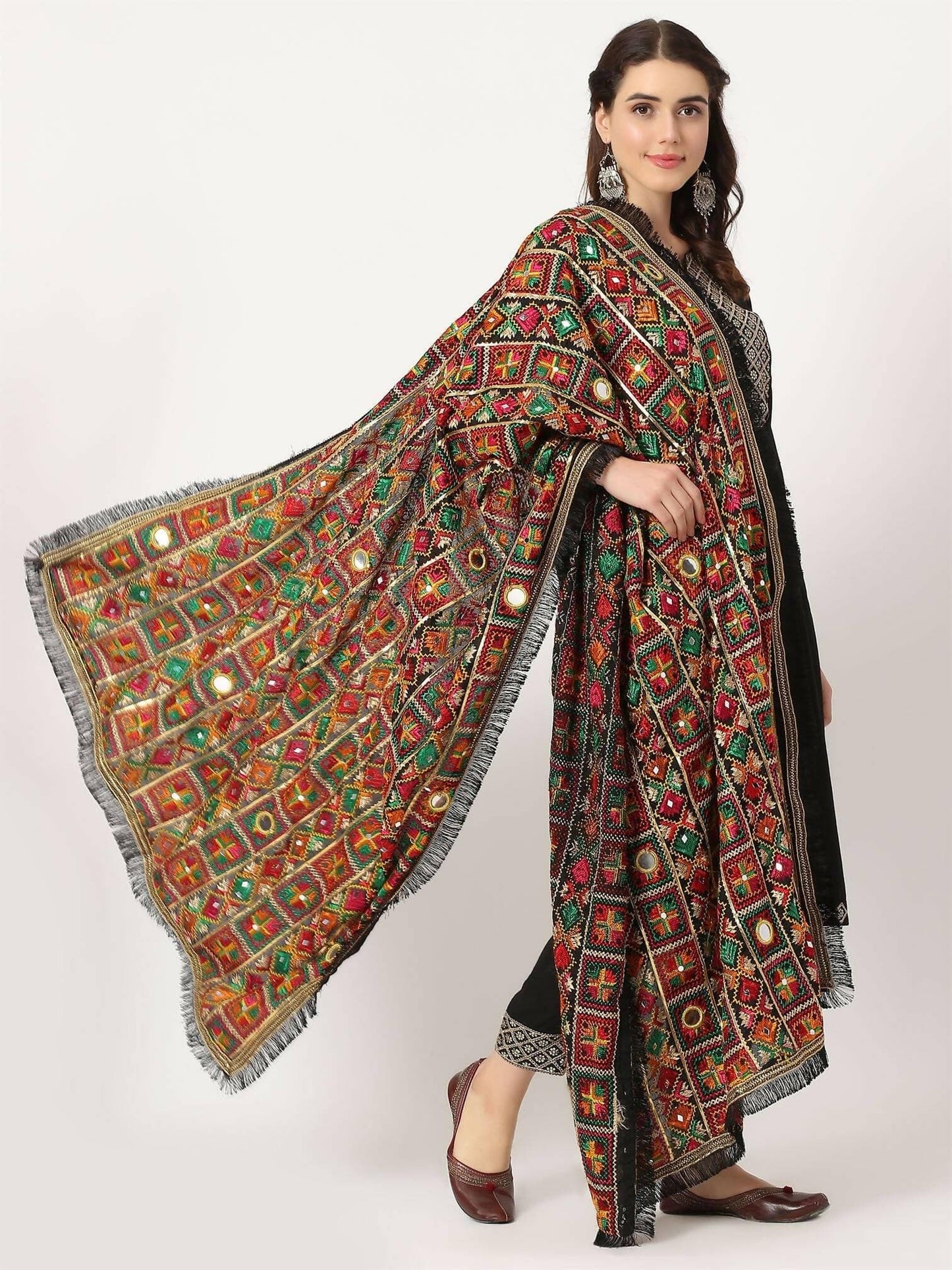 Black Mullticolour Embroidery Phulkari Dupatta with Mirror Work - HalfPe