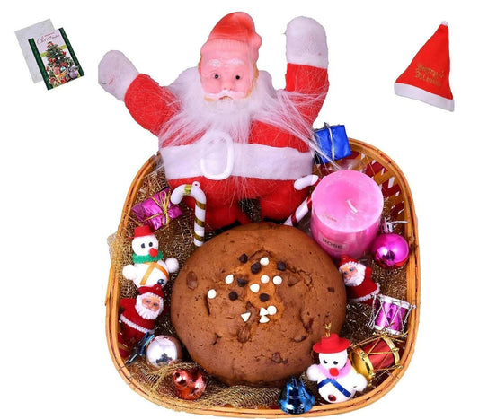 MANTOUSS Christmas Cake Gift Hamper/ Basket -Christmas Plum Cake(300gms), Santa Clause, scenetd Candle ,Christmas Card , Christmas Tree Decoration Set ,Santa Cap - HalfPe