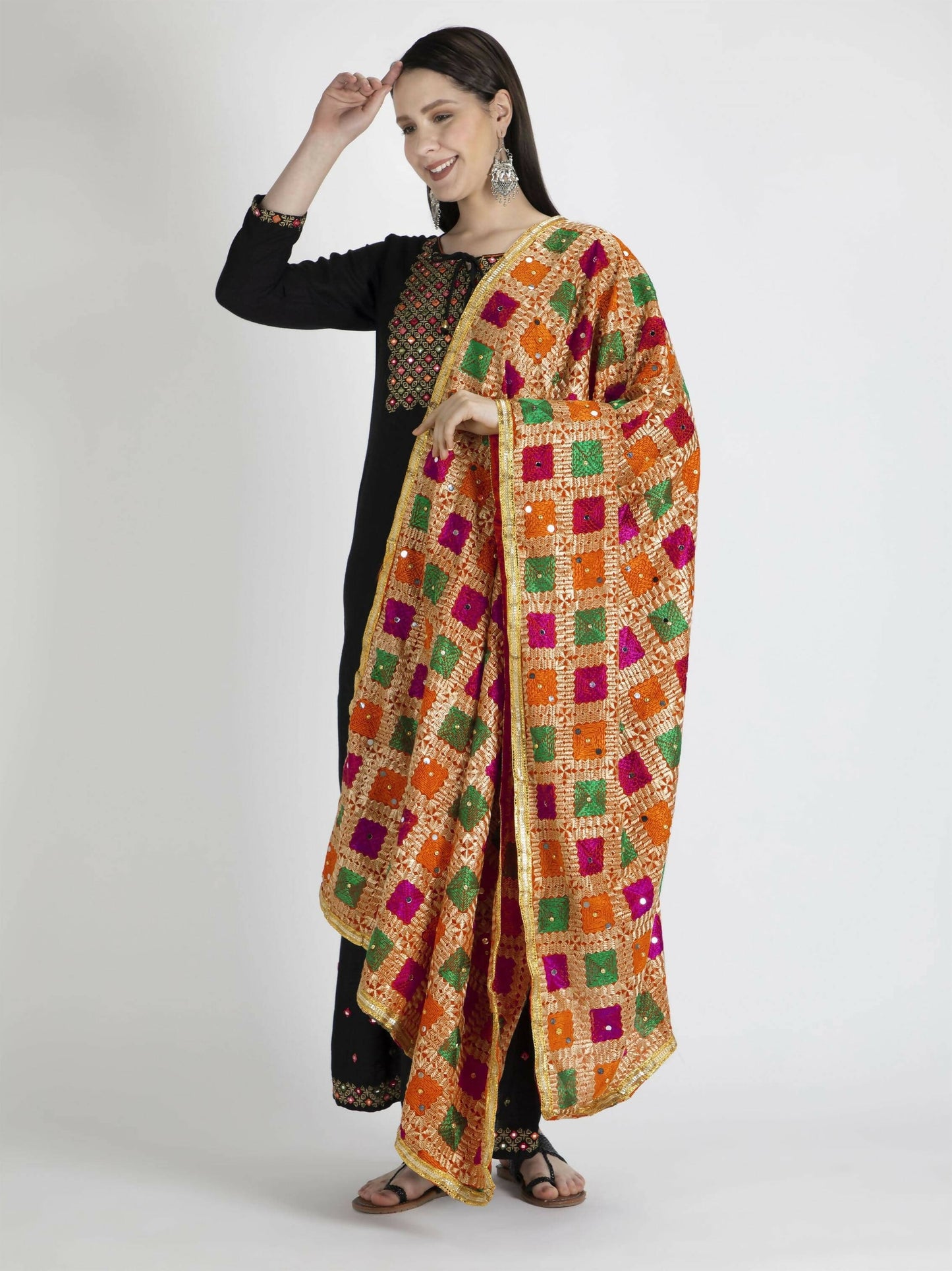 Phulkari Dupatta with Mirror Work (multi color designs) - HalfPe