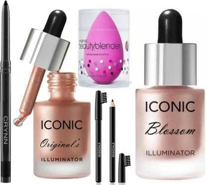 Crynn Rosedale Ultimate Kajal & Iconic Shine Illuminator Highlighter & Glazed Glam Black Eyebrow Pencil & Beauty Blender Sponge Puff - HalfPe