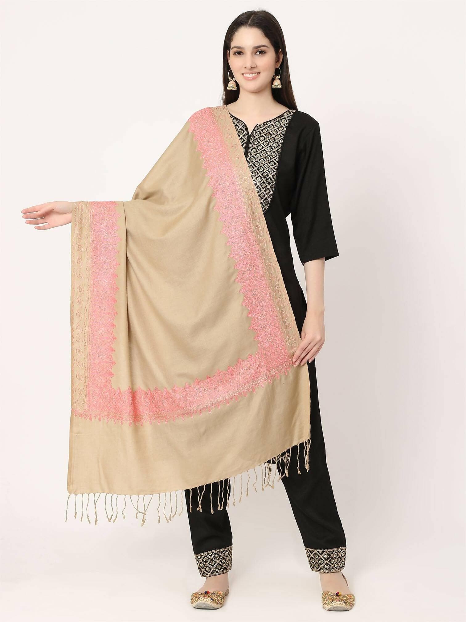 Beige and Baby Pink Embroidered Stole for women - HalfPe