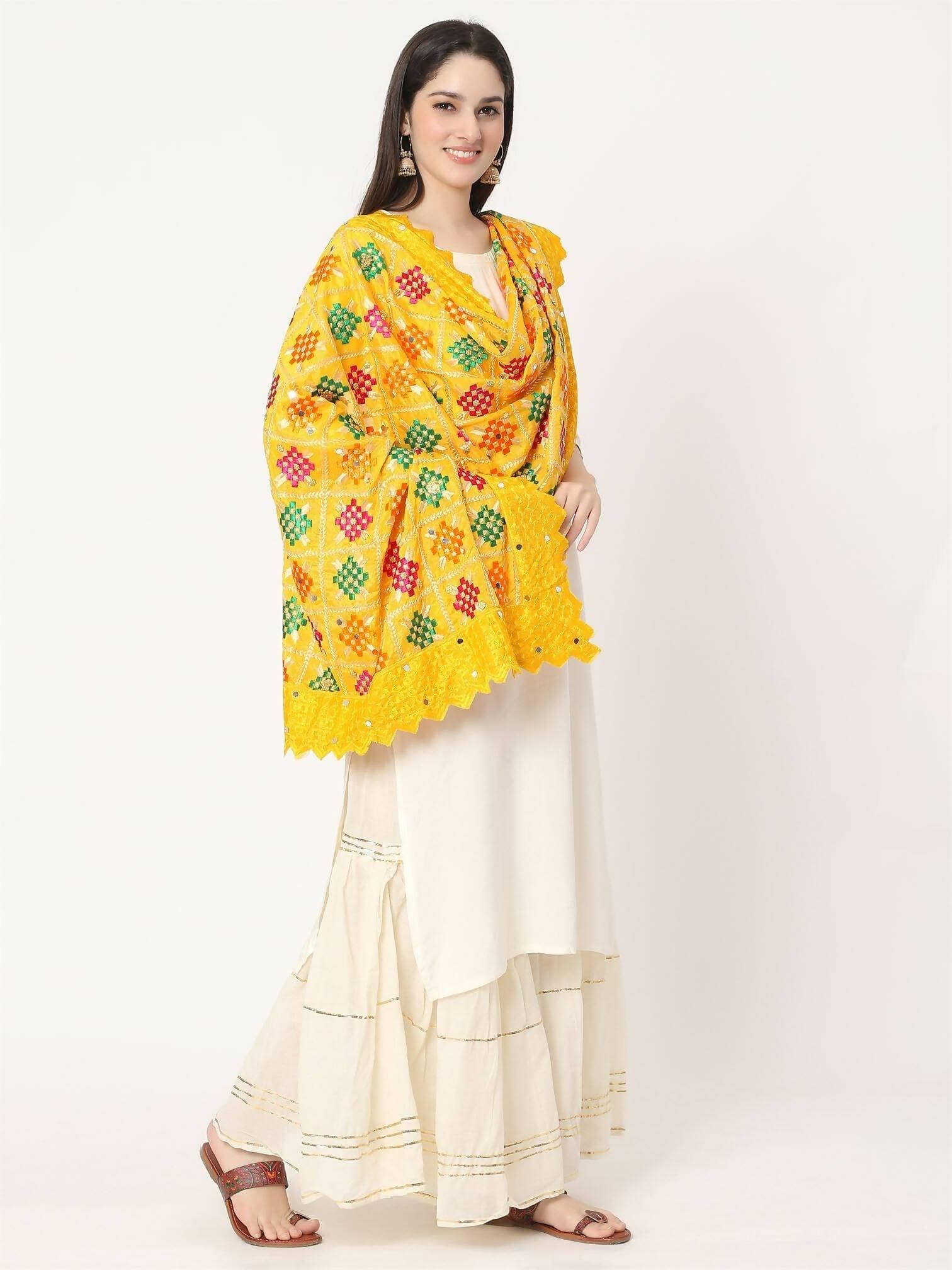 Yellow Multicolour Embroidery Phulkari Dupatta with Lace Border - HalfPe