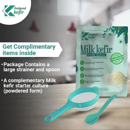 Hand-picked premium/large sized milk kefir grains (10g) with complementary large strainer, spoon & 1 starter culture powder sachet - halfpeapp